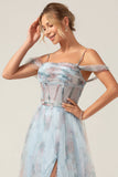 Cold Shoulder A-Line Blue Printed Long Corset Ball Dress with Slit