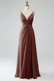 Dusty Sage A-Line Spaghetti Straps Pleated Chiffon Long Bridesmaid Dress