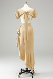 Olive V Neck Satin Sheath Wedding Guest Dress with Ruffles