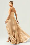 Eucalyptus A-Line Spaghetti Straps Pleated Chiffon Bridesmaid Dress with Slit