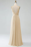 Dark Green A-Line Spaghetti Straps Pleated Chiffon Long Bridesmaid Dress