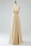 Dark Green A-Line Spaghetti Straps Pleated Chiffon Long Bridesmaid Dress