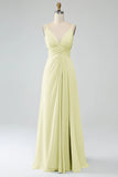 Dark Green A-Line Spaghetti Straps Pleated Chiffon Long Bridesmaid Dress