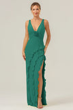 Dark Green Sheath Deep V Neck Backless Long Bridesmaid Dress with Ruffle Slit