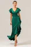 Dark Green A Line V Neck Satin Asymmetrical Bridesmaid Dress with Ruffle Slit