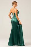 Dark Green Mermaid Corset Spaghetti Straps Pleated Long Prom Dress with Slit