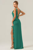 Dark Green Sheath Deep V Neck Backless Long Bridesmaid Dress with Ruffle Slit