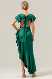 Dark Green A Line V Neck Satin Asymmetrical Bridesmaid Dress with Ruffle Slit