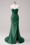 Corset Dark Green Mermaid Strapless Ruched Corset Long Prom Dress with Slit