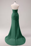 Corset Dark Green Mermaid Strapless Ruched Corset Long Prom Dress with Slit