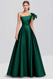 Dark Green A Line One Shoulder Bow Satin Long Formal Dress