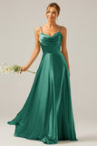 Dark Green A Line Cowl Neck Satin Pleated Long Prom Dress