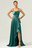 Blue Asymmetrical Cowl Neck Satin Bridesmaid Dress with Slit