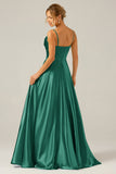 Dark Green A Line Cowl Neck Satin Pleated Long Ball Dress