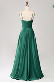 Dark Green A Line Cowl Neck Satin Long Prom Dress with Pleated