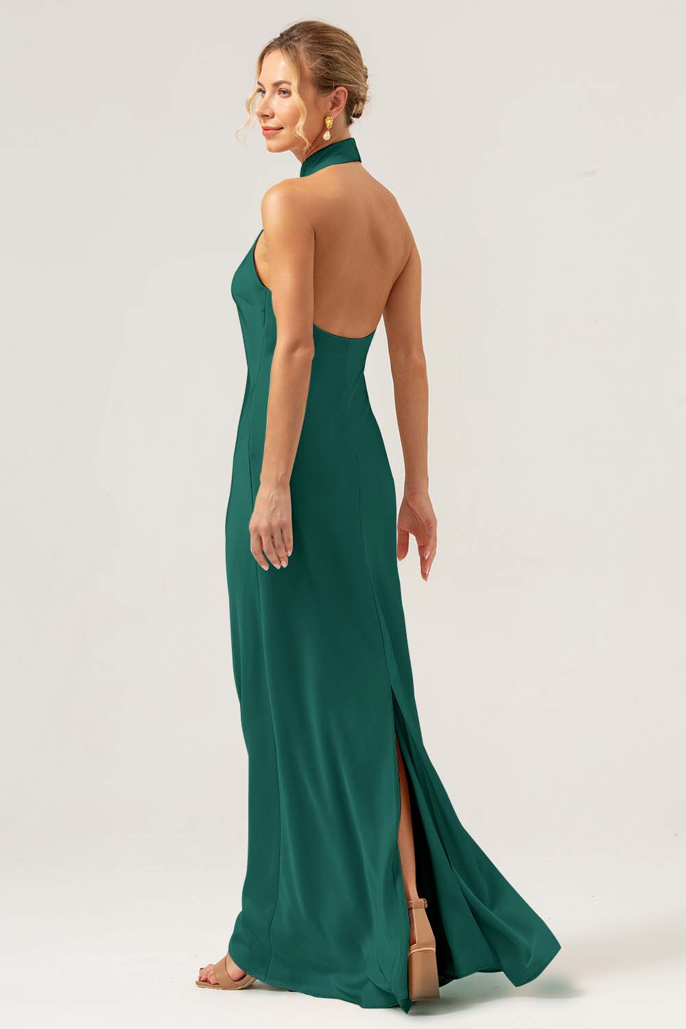 Zapaka Women Dark Green Bridesmaid Dress With Slit Sheath Halter Long Formal Dress ZAPAKA NZ Zapaka Women Dark Green Bridesmaid Dress With Slit Sheath Halter Long Formal Dress ZAPAKA NZ