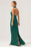 Dark Green Sheath Halter Long Bridesmaid Dress With Slit