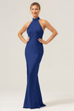 Dark Navy Sheath Halter Long Bridesmaid Dress With Slit