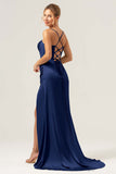 Dark Navy Mermaid Spaghetti Straps Corset Satin Bridesmaid Dress with Slit