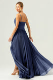 Royal Blue A-Line Spaghetti Straps Pleated Chiffon Bridesmaid Dress with Slit