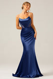 Mermaid Grey Blue Satin Spaghetti Straps Pleated Maxi Dress