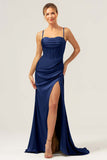 Dark Navy Mermaid Spaghetti Straps Corset Satin Bridesmaid Dress with Slit