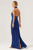 Dark Navy Sheath Halter Long Bridesmaid Dress With Slit