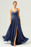 Royal Blue A-Line Spaghetti Straps Pleated Chiffon Bridesmaid Dress with Slit