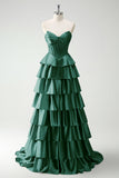Burgundy Princess Sweetheart Beaded Tiered Corset Long Prom Dress with Slit