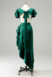 Olive V Neck Satin Sheath Wedding Guest Dress with Ruffles