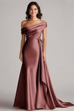 One Shoulder Pleated Champagne Sheath Long Formal Dress