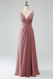 Dark Green A-Line Spaghetti Straps Pleated Chiffon Long Bridesmaid Dress