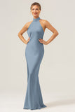 Dark Navy Sheath Halter Long Bridesmaid Dress With Slit