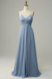 Spaghetti Straps Sleeveless Dusty Blue Bridesmaid Dress