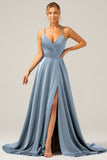 Royal Blue Satin A Line Spaghetti Straps Prom Dress with Slit