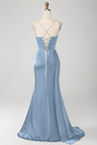 Navy Mermaid Spaghetti Straps Pleated Corset Long Prom Dress wth Slit