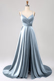 Royal Blue A Line Spaghetti Straps Satin Prom Dress with Slit