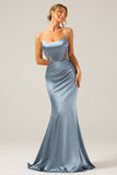 Mermaid Dusty Blue Satin Spaghetti Straps Pleated Maxi Dress