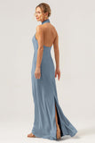 Dark Navy Sheath Halter Long Bridesmaid Dress With Slit