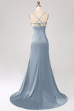 Dusty Sage Mermaid Spaghetti Straps Satin Ball Dress with Pleated