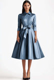 Blue A Line Flared Front Button Closures Mid Length Formal Dress with Long Sleeves