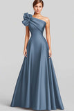 Navy A-Line Ruffled One Shoulder Satin Long Formal Dress