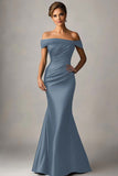 Peacock Blue Mermaid Off The Shoulder Ruched Satin Formal Dress