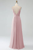 Dusty Blue A-Line Spaghetti Straps Pleated Chiffon Long Bridesmaid Dress