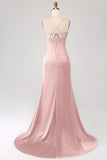 Dusty Sage Mermaid Spaghetti Straps Satin Prom Dress with Pleated