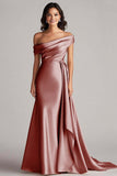 One Shoulder Pleated Champagne Sheath Long Formal Dress