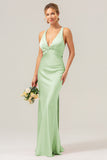 Pink Mermaid V Neck Ruched Satin Long Bridesmaid Dress with Lace Up Back