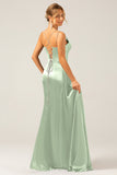 Dark Green Mermaid Corset Spaghetti Straps Pleated Long Prom Dress with Slit