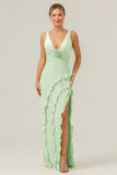 Dark Green Sheath Deep V Neck Backless Long Bridesmaid Dress with Ruffle Slit