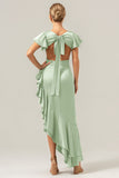 Olive A Line V Neck Satin Asymmetrical Bridesmaid Dress with Ruffle Slit